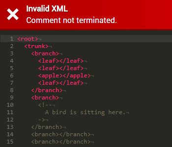 This example loads an invalid XML file with an invalid XML comment. This makes the editor throw an error.