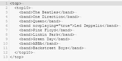 This example sets the XML color scheme to grayscale, sets the output format to JPG, and generates a screenshot of an XML document that lists top 10 music bands of all time.